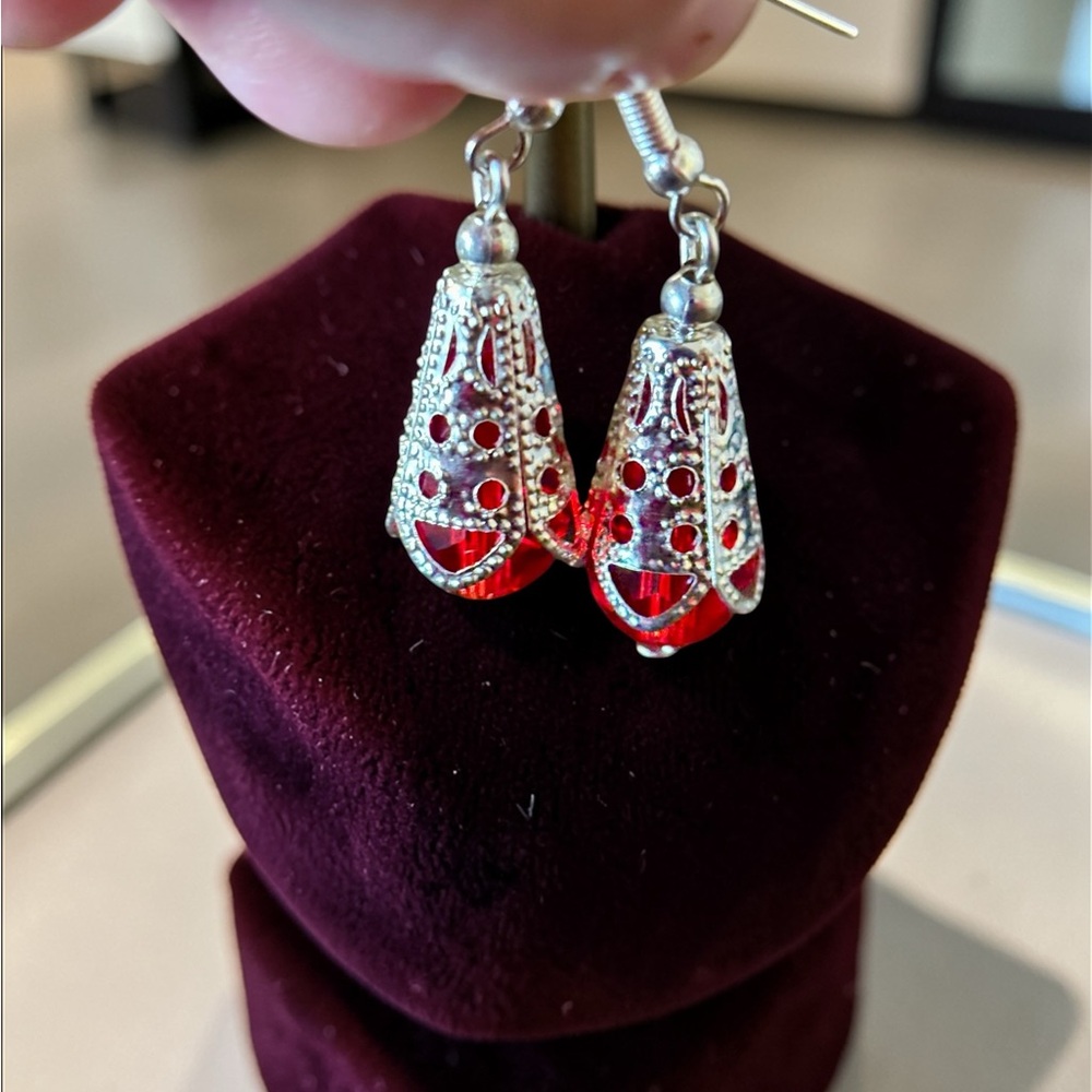 Possible Silver plated Filigree like  Red Bead Drop Earrings - Women Jewelry